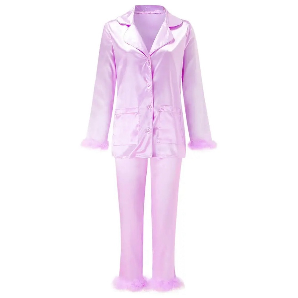Feather Trim Satin Button-Up Top and Bottoms Pajamas
